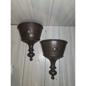 VTG 1963 Wall Pocket Planters Mid Century Wood Grain Plastic USA Set Of 2